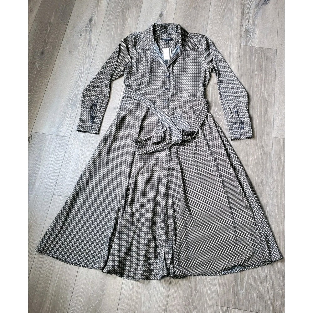 Banana Republic Midi Dress Womens Xs Houndstooth Silky Long Sleeve Button Front